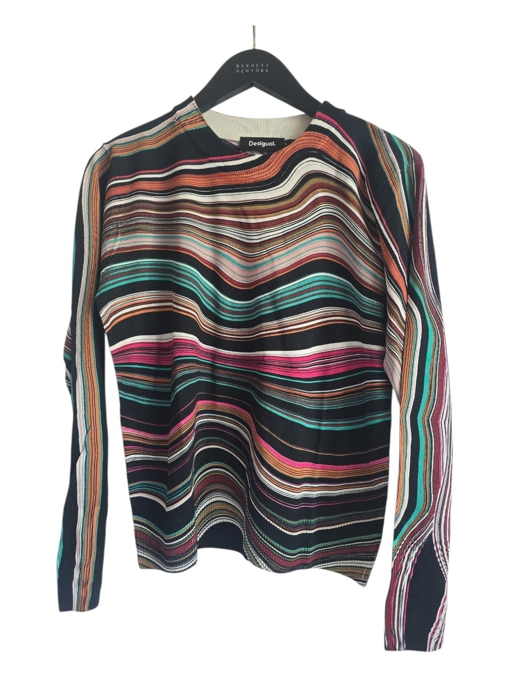 Desigual Multicolor Striped Crewneck Lightweight Sweater in Black, Teal & Pink